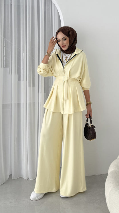 Soft-touch oysho fabric belted jacket, Wide-leg pleated trouser co-ord set