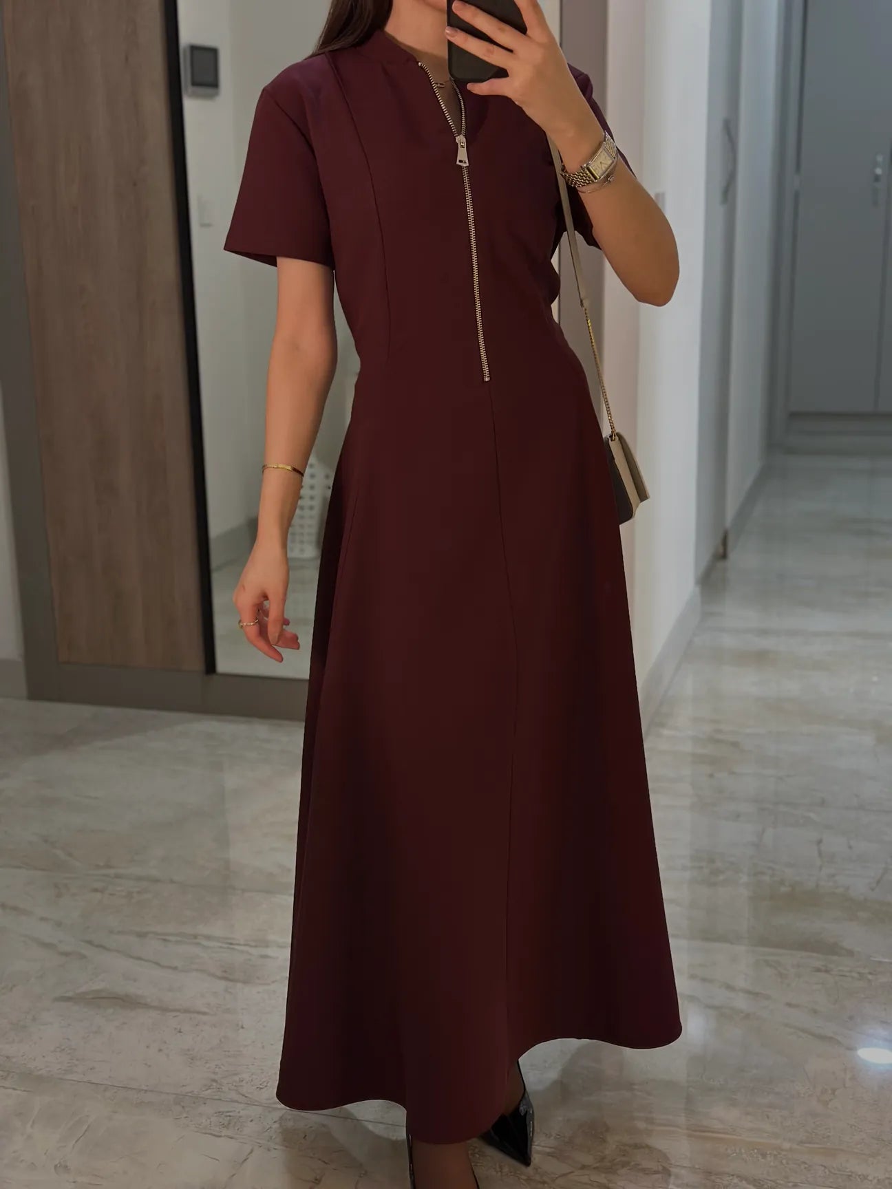 Half Zipper short sleeve dress- burgundy