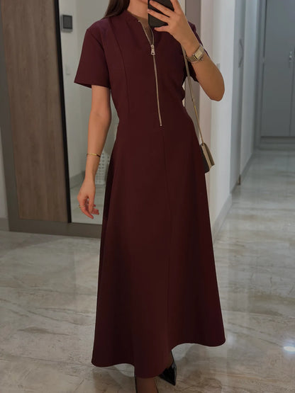 Half Zipper short sleeve dress- burgundy