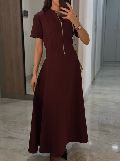 Half Zipper short sleeve dress- burgundy