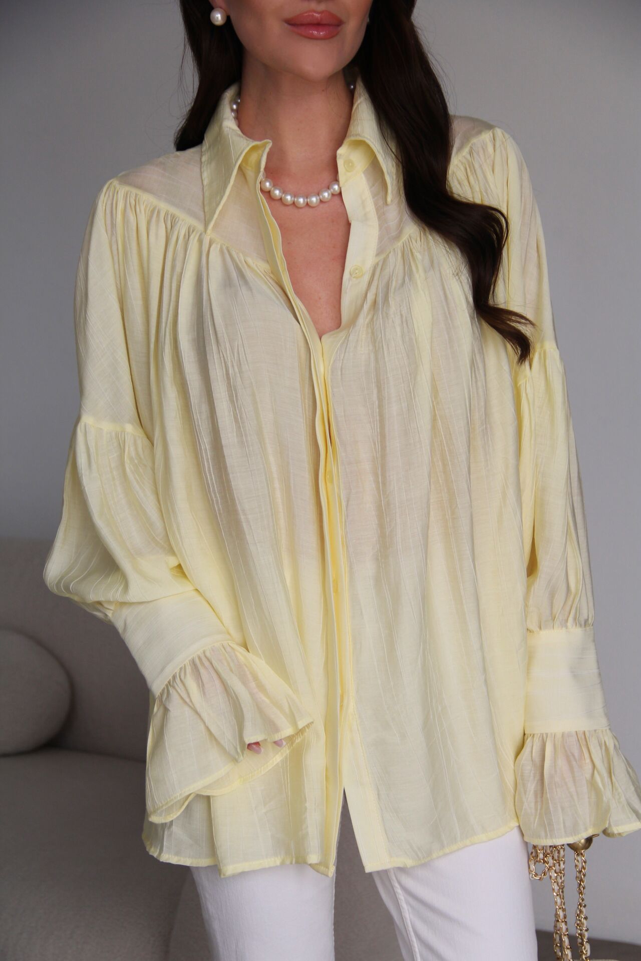Yellow Vintage Premium Shirt with Gathered Sleeve Detail