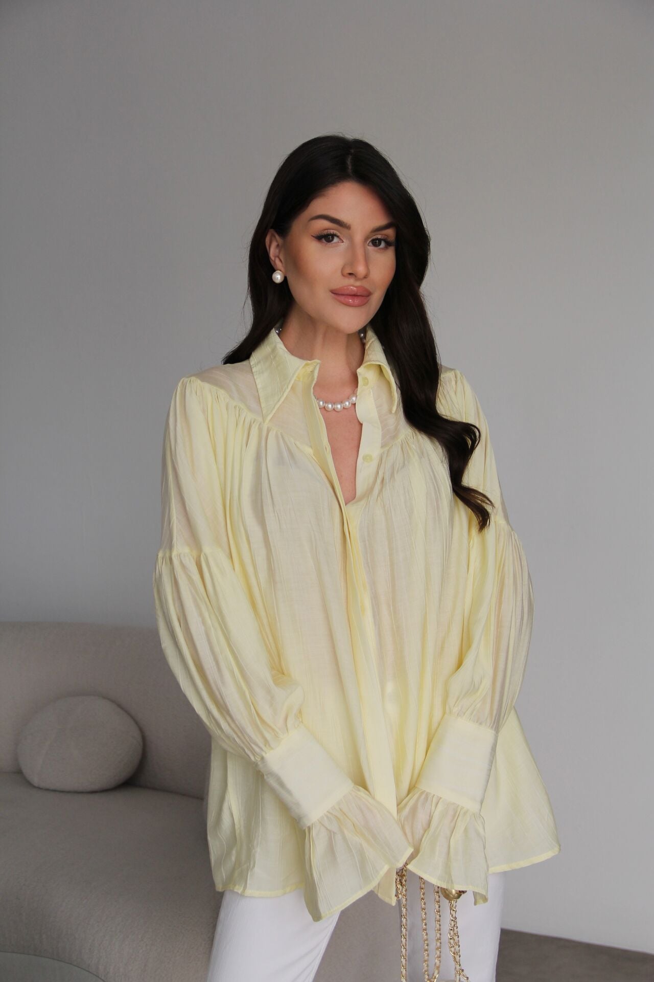 Yellow Vintage Premium Shirt with Gathered Sleeve Detail