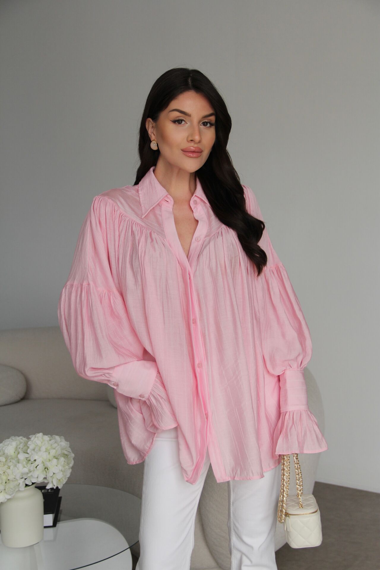 Dusty Pink Vintage Premium Shirt with Gathered Sleeve Detail