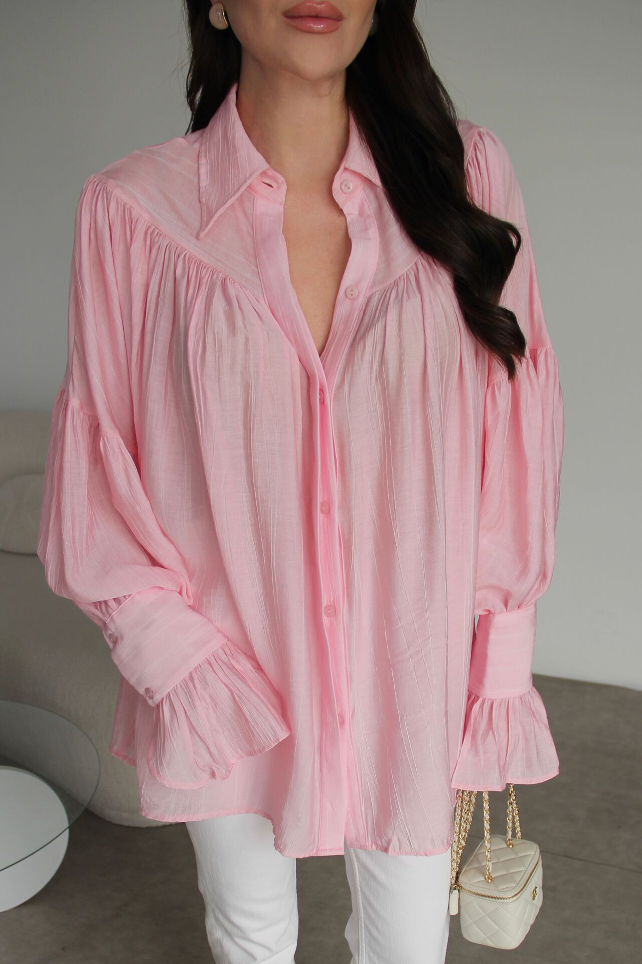 Dusty Pink Vintage Premium Shirt with Gathered Sleeve Detail