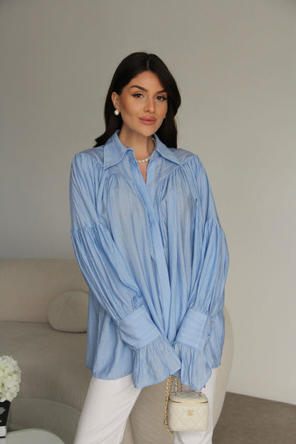 Blue Vintage Premium Shirt with Gathered Sleeve Detail