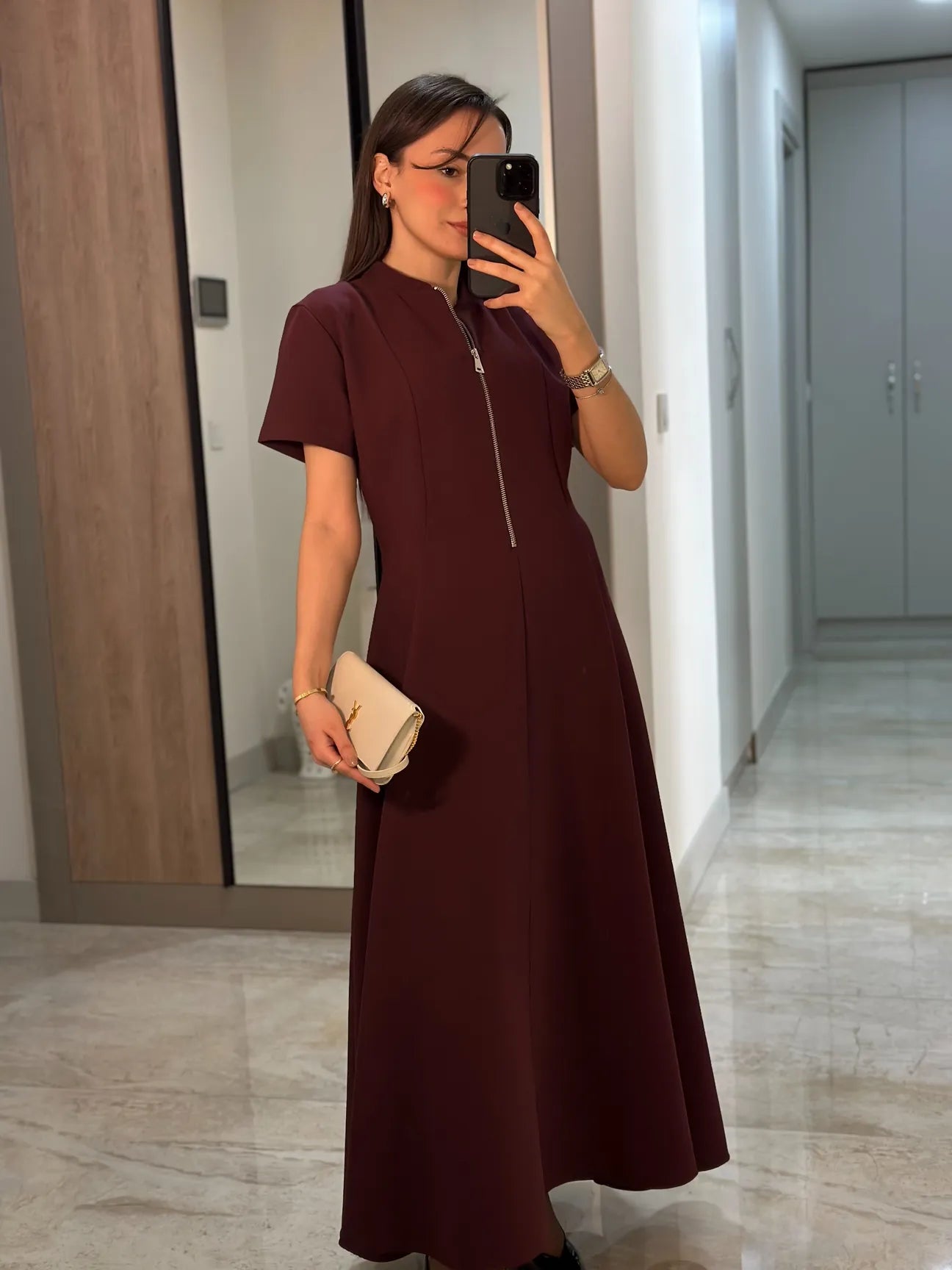 Half Zipper short sleeve dress- burgundy