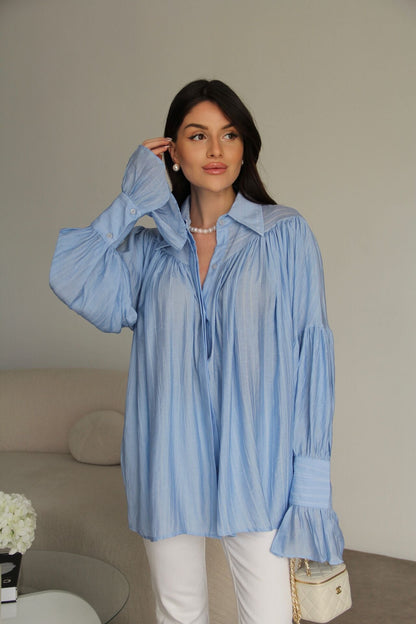 Blue Vintage Premium Shirt with Gathered Sleeve Detail