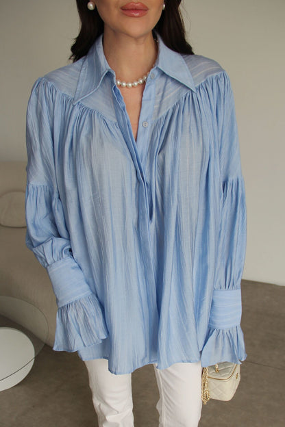 Blue Vintage Premium Shirt with Gathered Sleeve Detail
