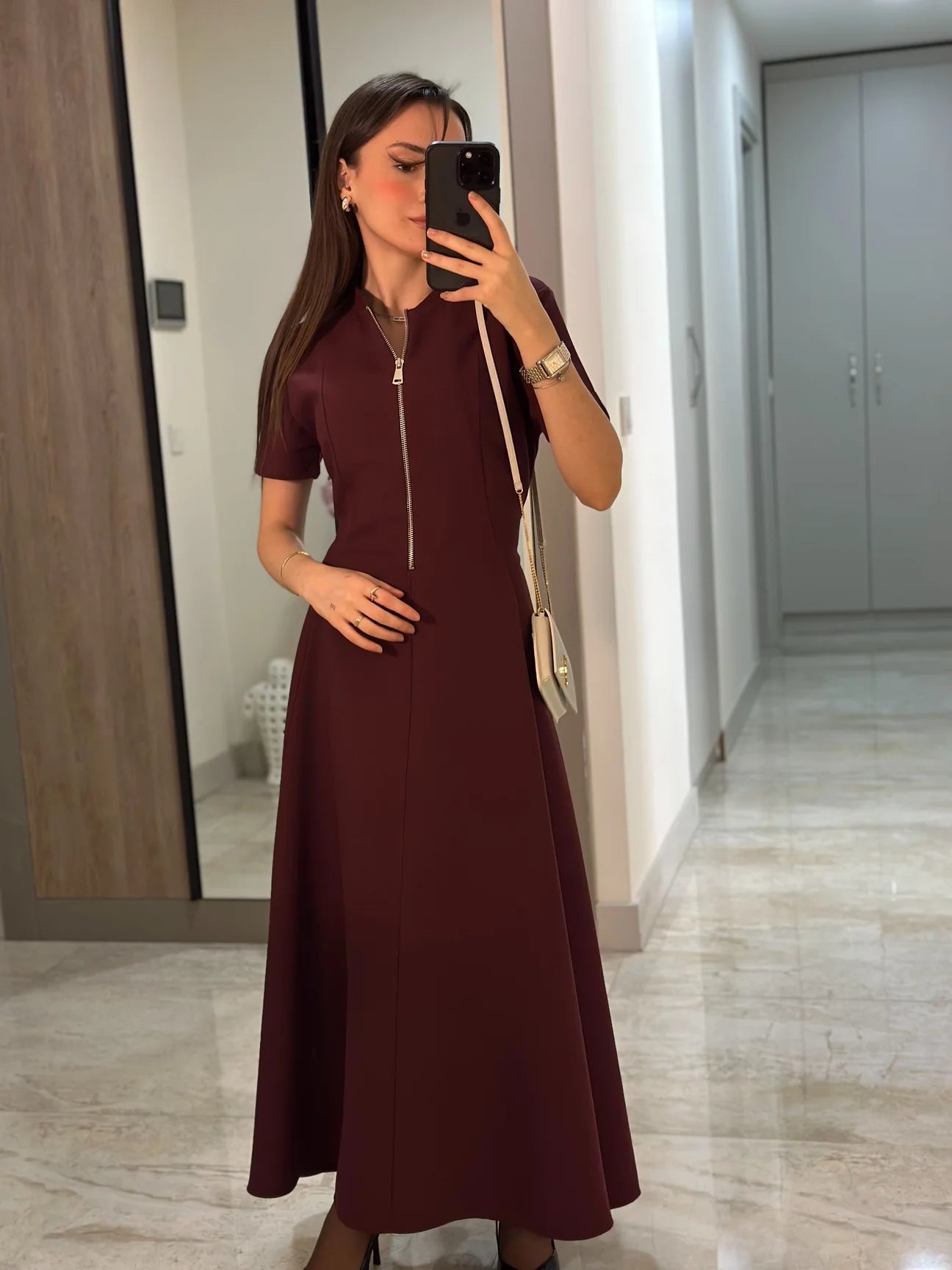 Half Zipper short sleeve dress- burgundy