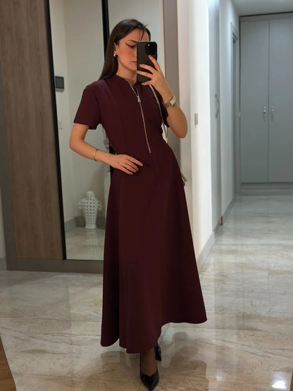 Half Zipper short sleeve dress- burgundy