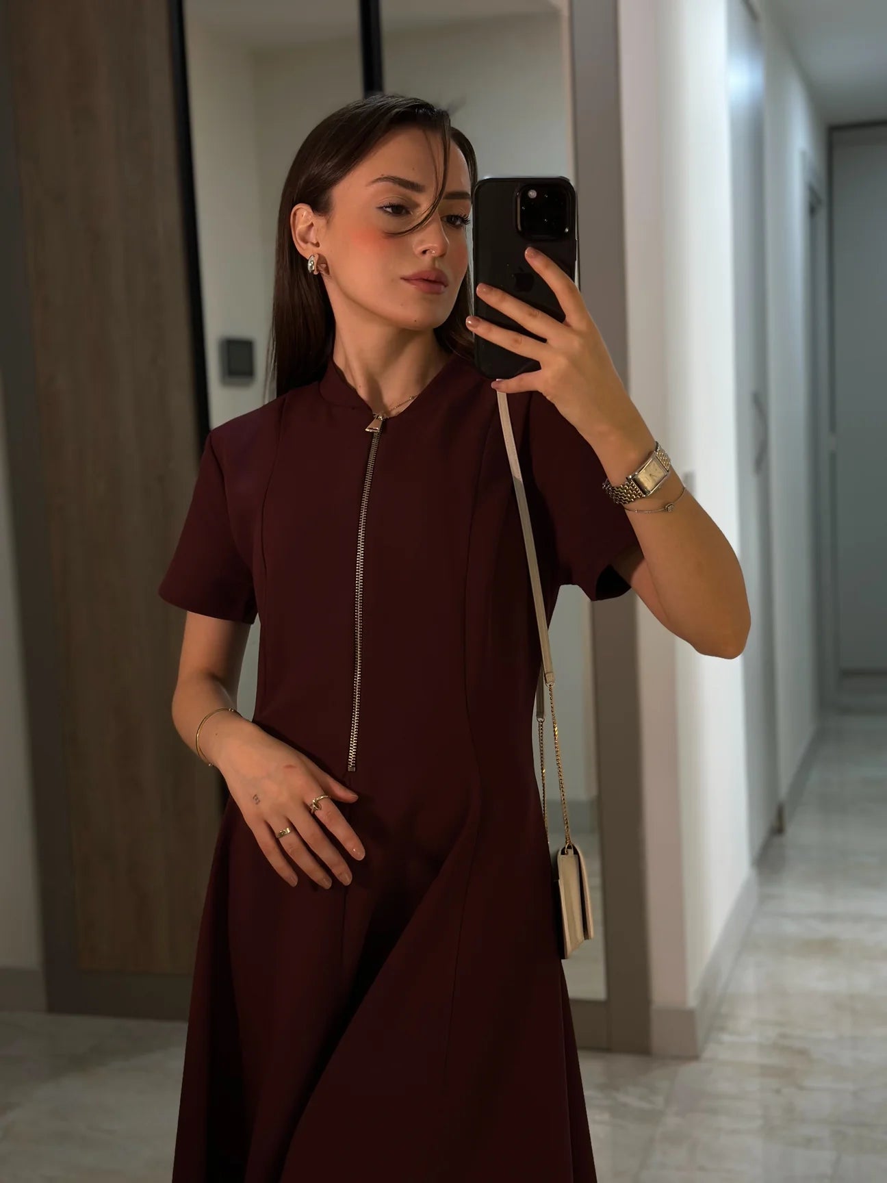 Half Zipper short sleeve dress- burgundy