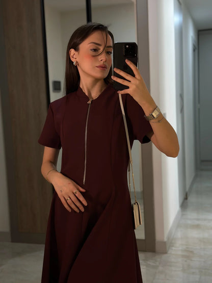 Half Zipper short sleeve dress- burgundy
