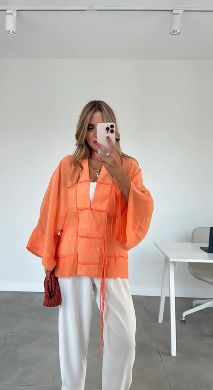 Chinese Buttoned Transparent Shirt - orange