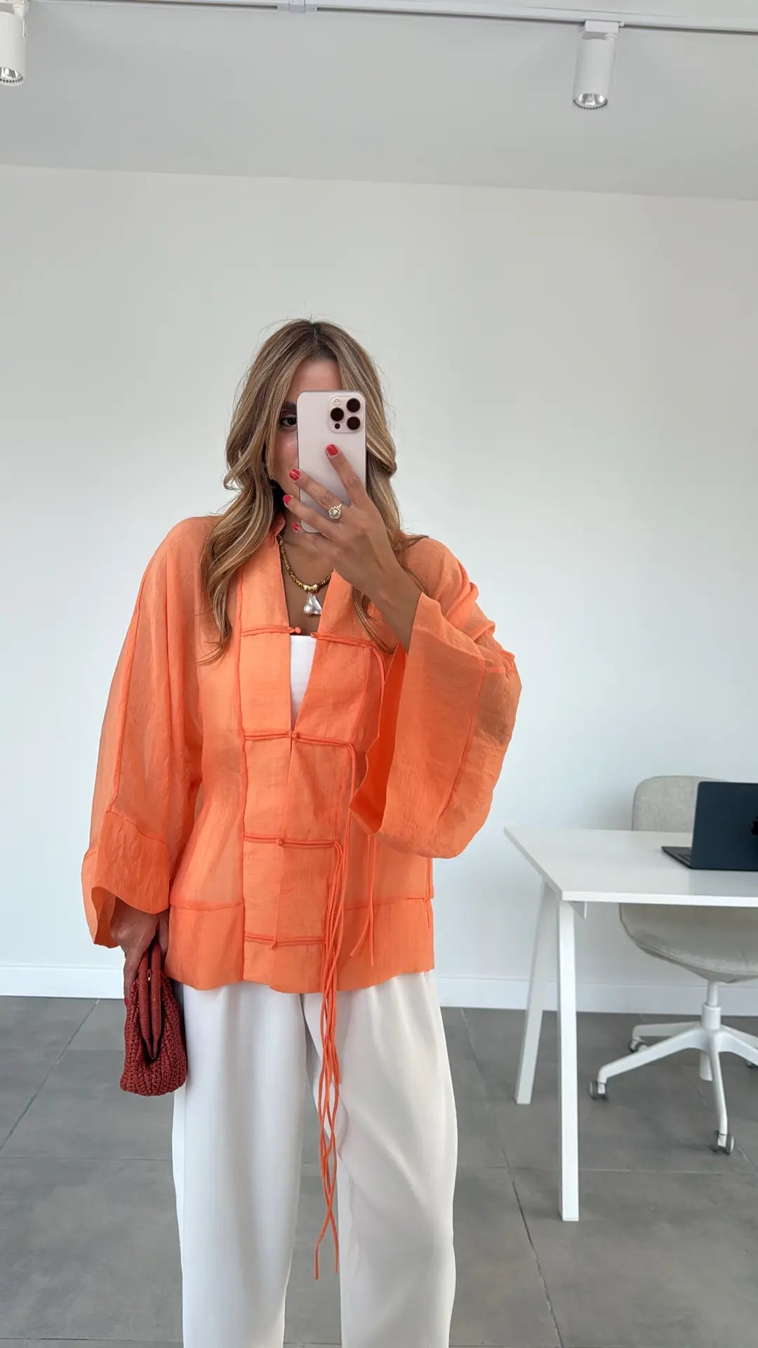 Chinese Buttoned Transparent Shirt - orange