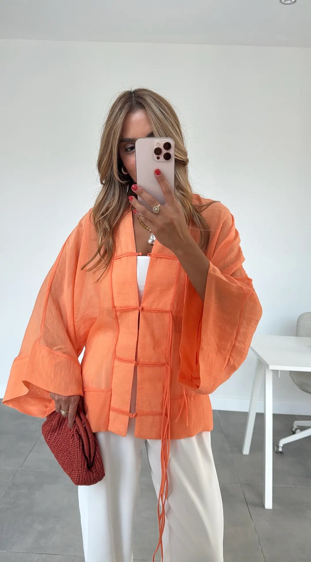 Chinese Buttoned Transparent Shirt - orange