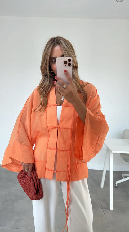 Chinese Buttoned Transparent Shirt - orange