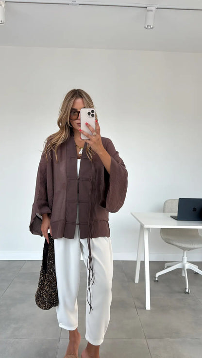 Chinese Buttoned Transparent Shirt Khaki