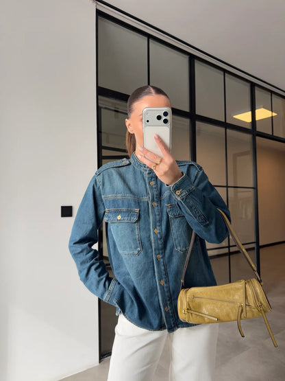 DENIM SHIRT WITH STAND-IN COLLAR AND EPAULETS