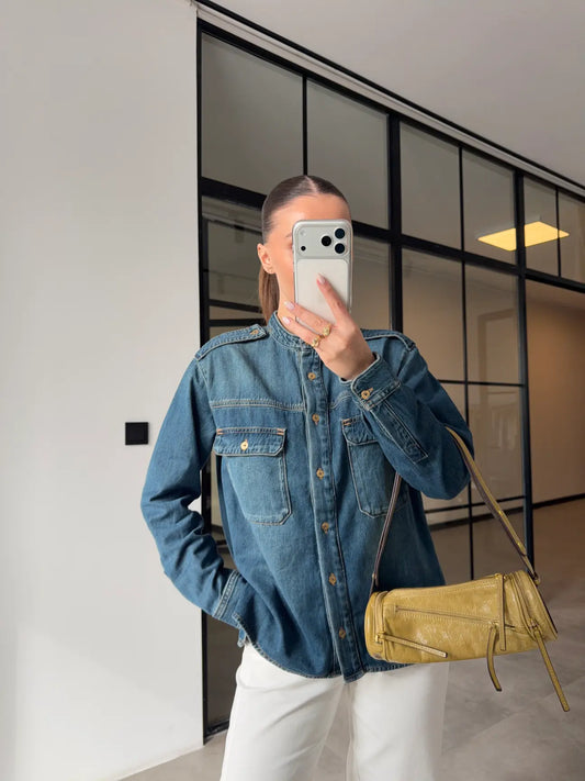 DENIM SHIRT WITH STAND-IN COLLAR AND EPAULETS