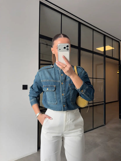DENIM SHIRT WITH STAND-IN COLLAR AND EPAULETS