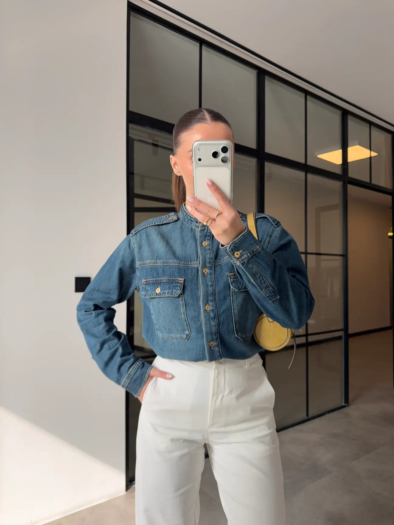 DENIM SHIRT WITH STAND-IN COLLAR AND EPAULETS