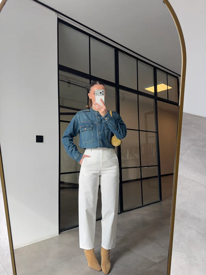 DENIM SHIRT WITH STAND-IN COLLAR AND EPAULETS