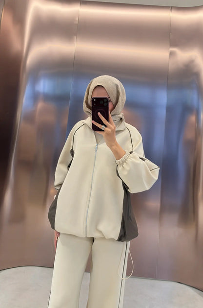 Oversized adjustable waist jacket with Parachute Details, waistband wide leg trouser tracksuit - beige