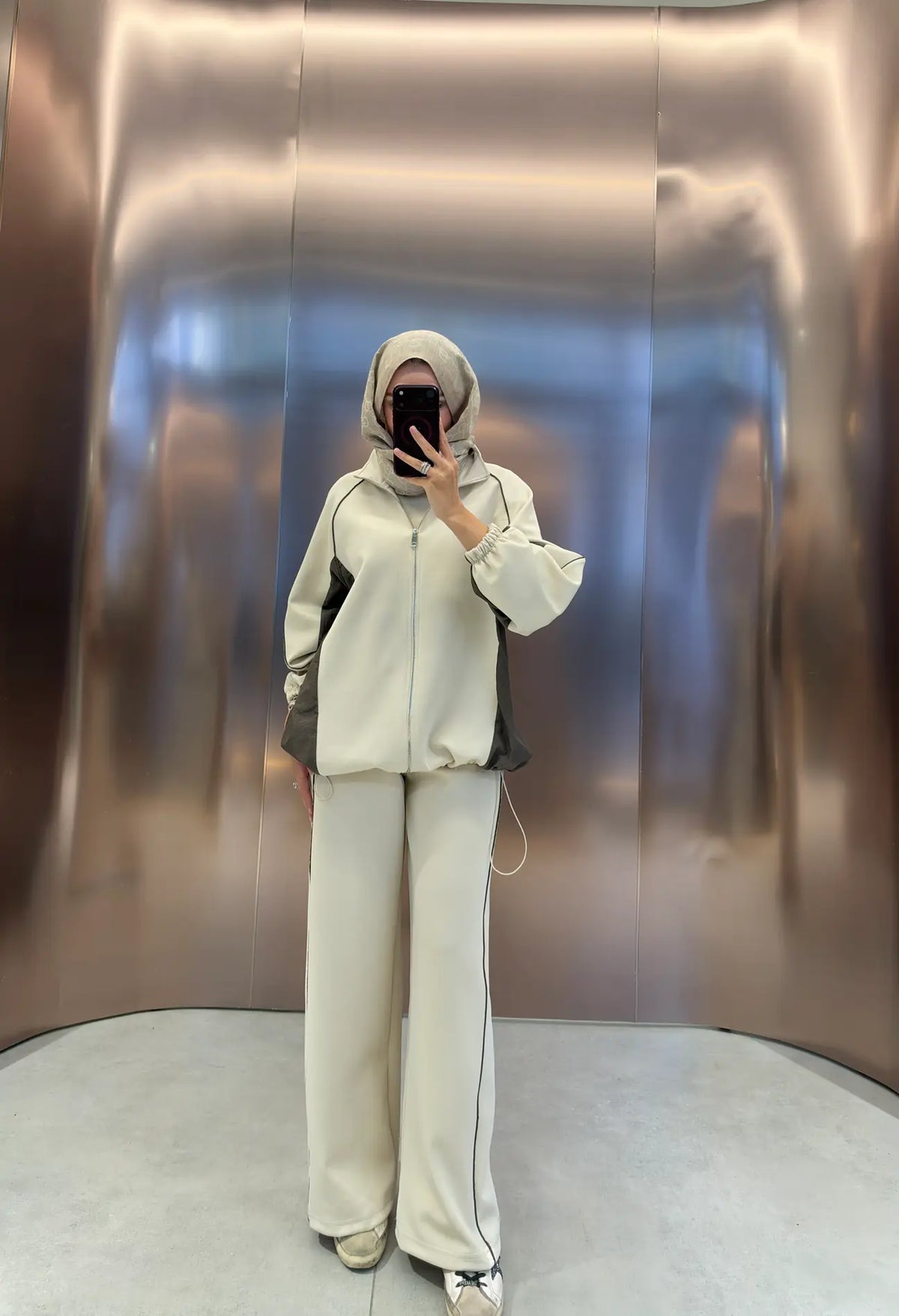 Oversized adjustable waist jacket with Parachute Details, waistband wide leg trouser tracksuit - beige