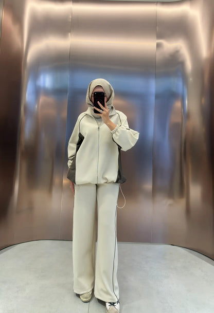 Oversized adjustable waist jacket with Parachute Details, waistband wide leg trouser tracksuit - beige