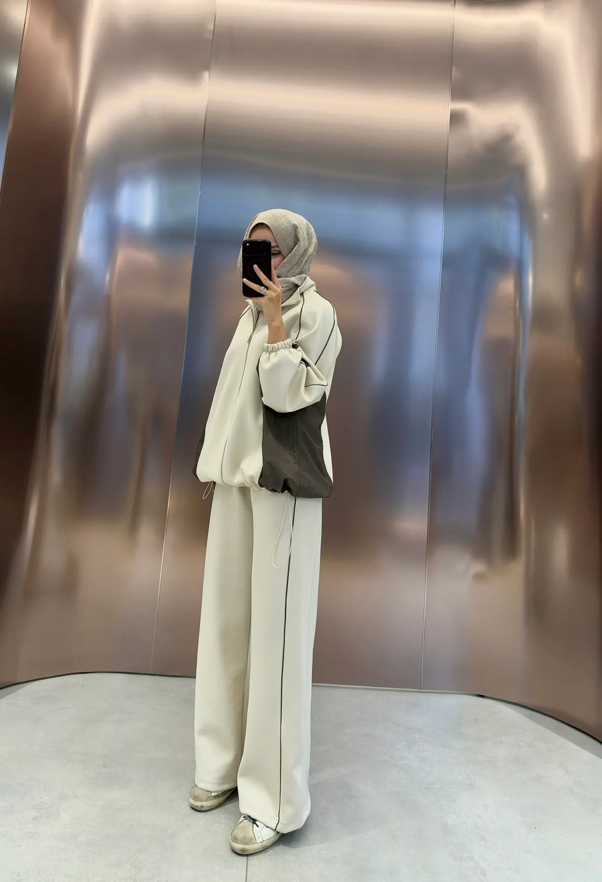 Oversized adjustable waist jacket with Parachute Details, waistband wide leg trouser tracksuit - beige