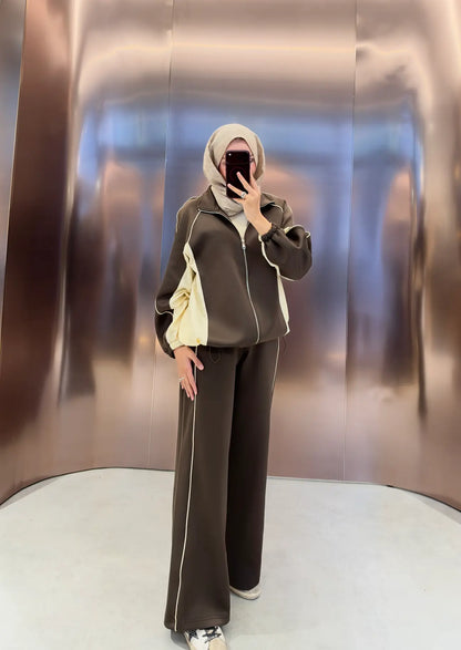 Oversized adjustable waist jacket with Parachute Details, waistband wide leg trouser tracksuit - brown