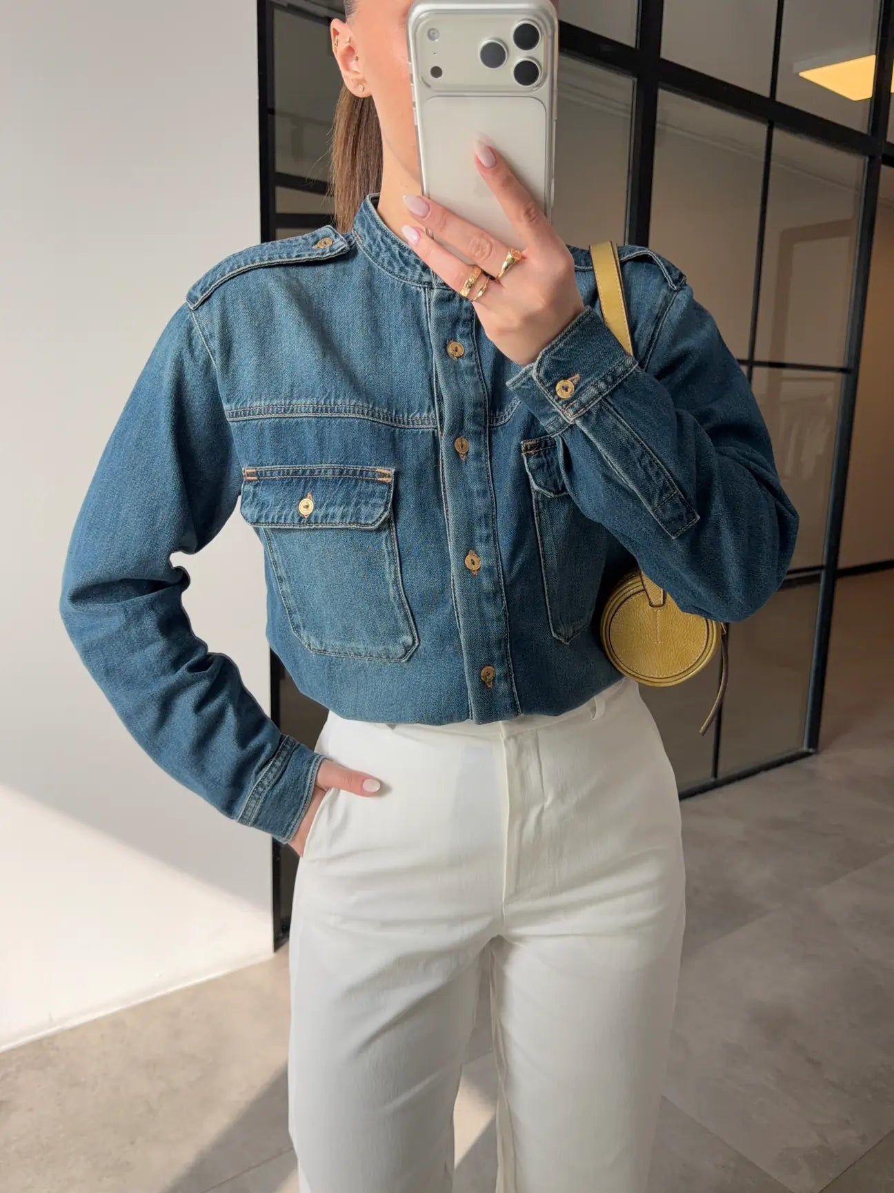 DENIM SHIRT WITH STAND-IN COLLAR AND EPAULETS