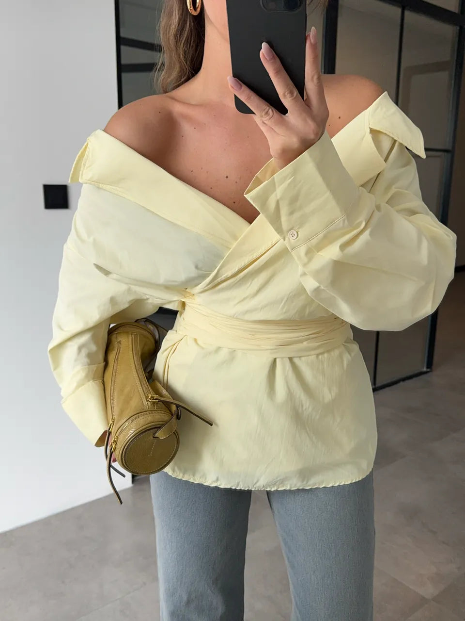 belted double breasted shirt