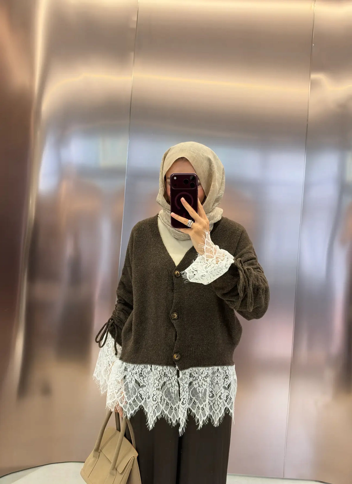 Premium Cardigan with Lace Trim - brown