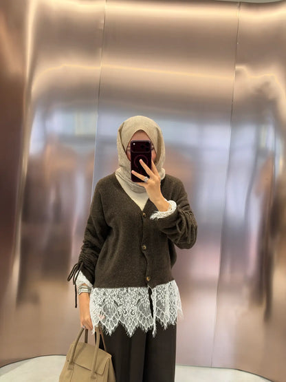 Premium Cardigan with Lace Trim - brown