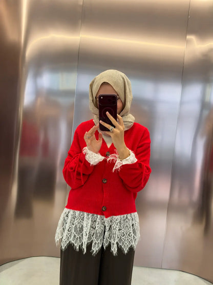 Premium Cardigan with Lace Trim - red
