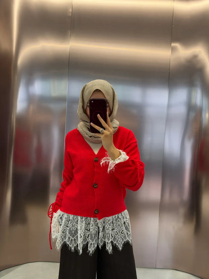 Premium Cardigan with Lace Trim - red