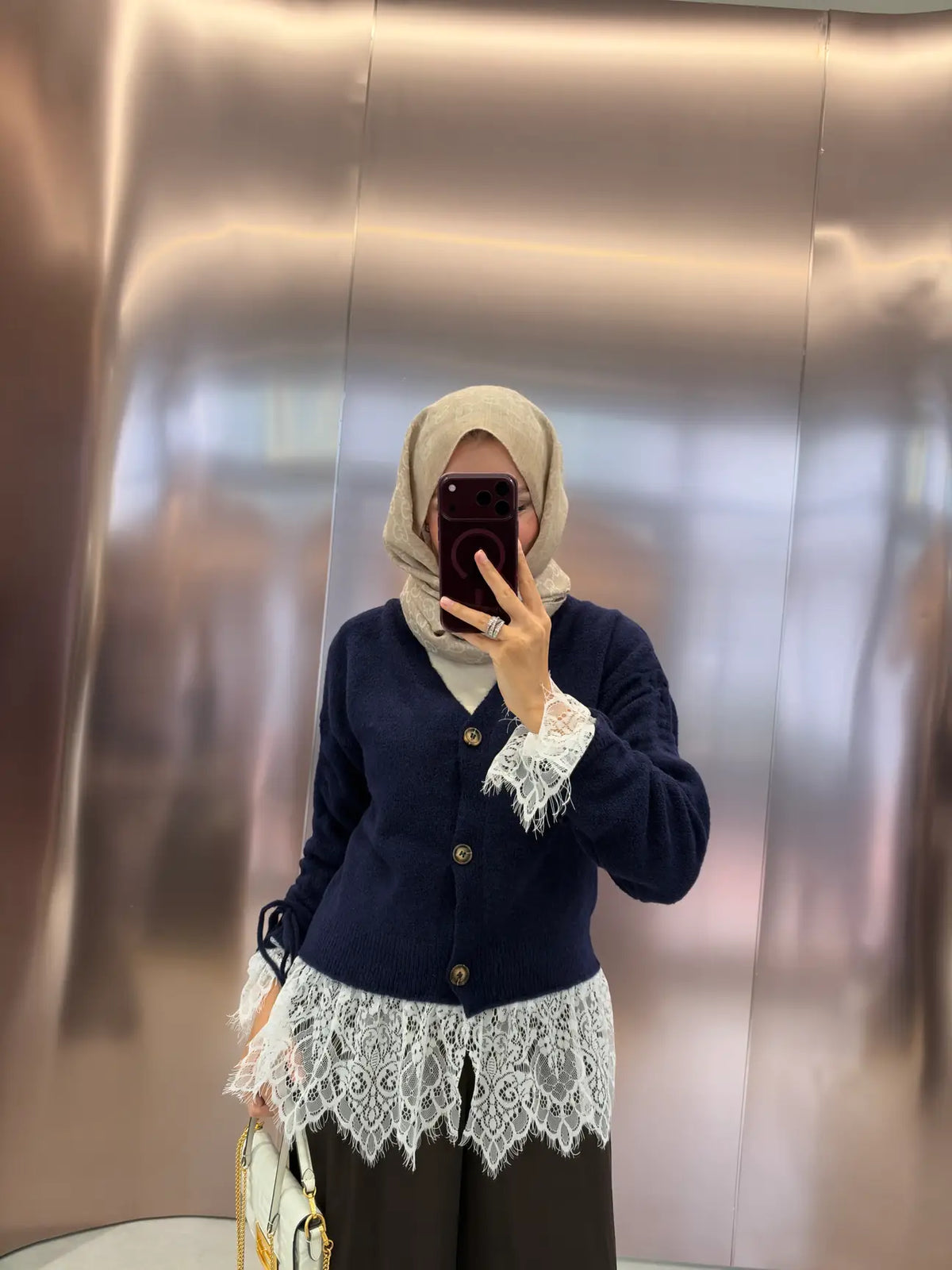 Premium Cardigan with Lace Trim - navy blue
