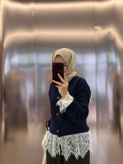 Premium Cardigan with Lace Trim - navy blue