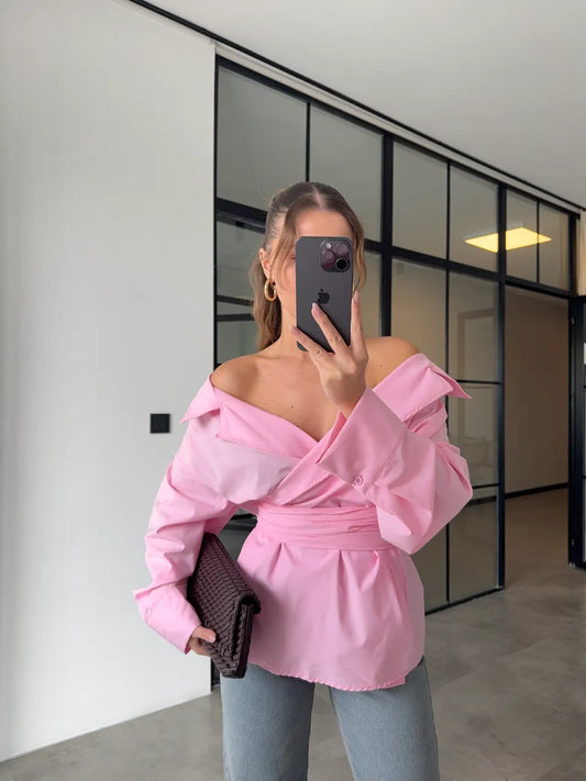 belted double breasted shirt