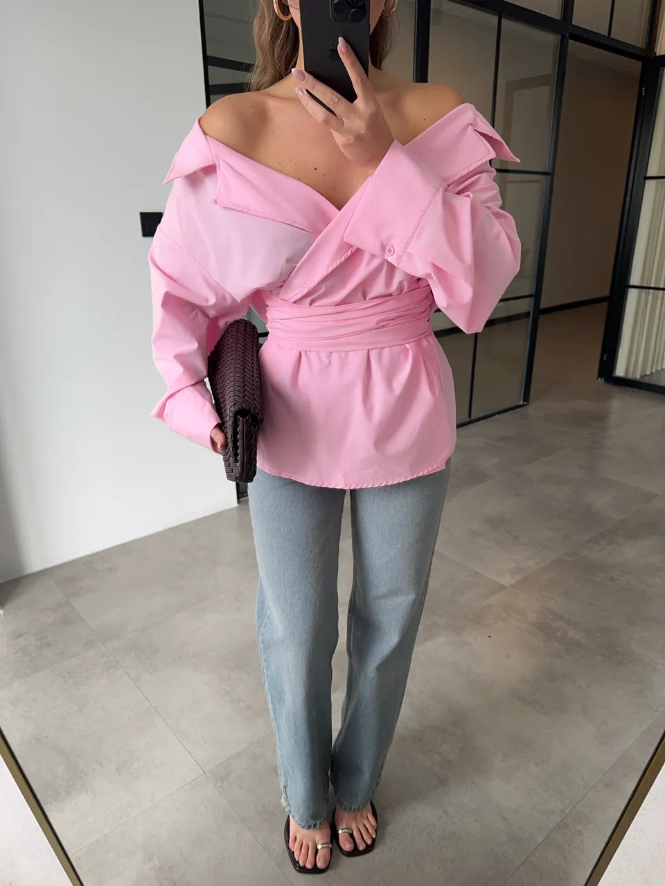 belted double breasted shirt