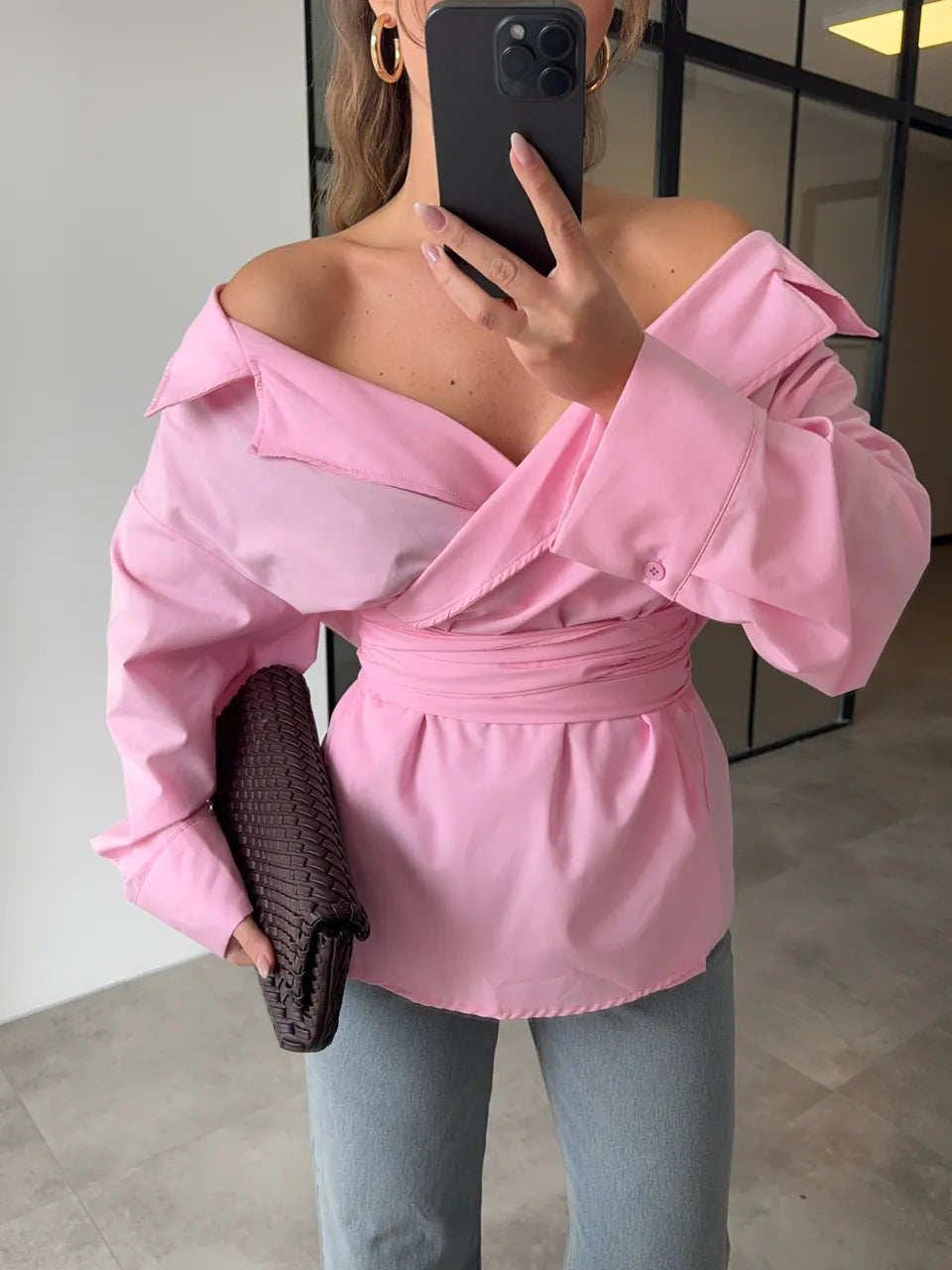 belted double breasted shirt