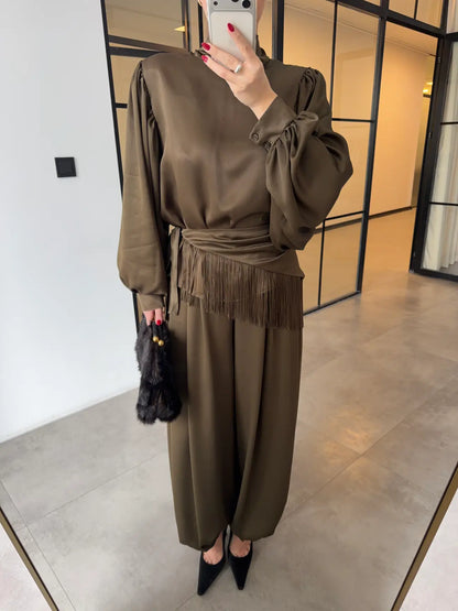TIE-UP SATIN BLOUSE AND BELT-STYLE HARLING PANTS SET