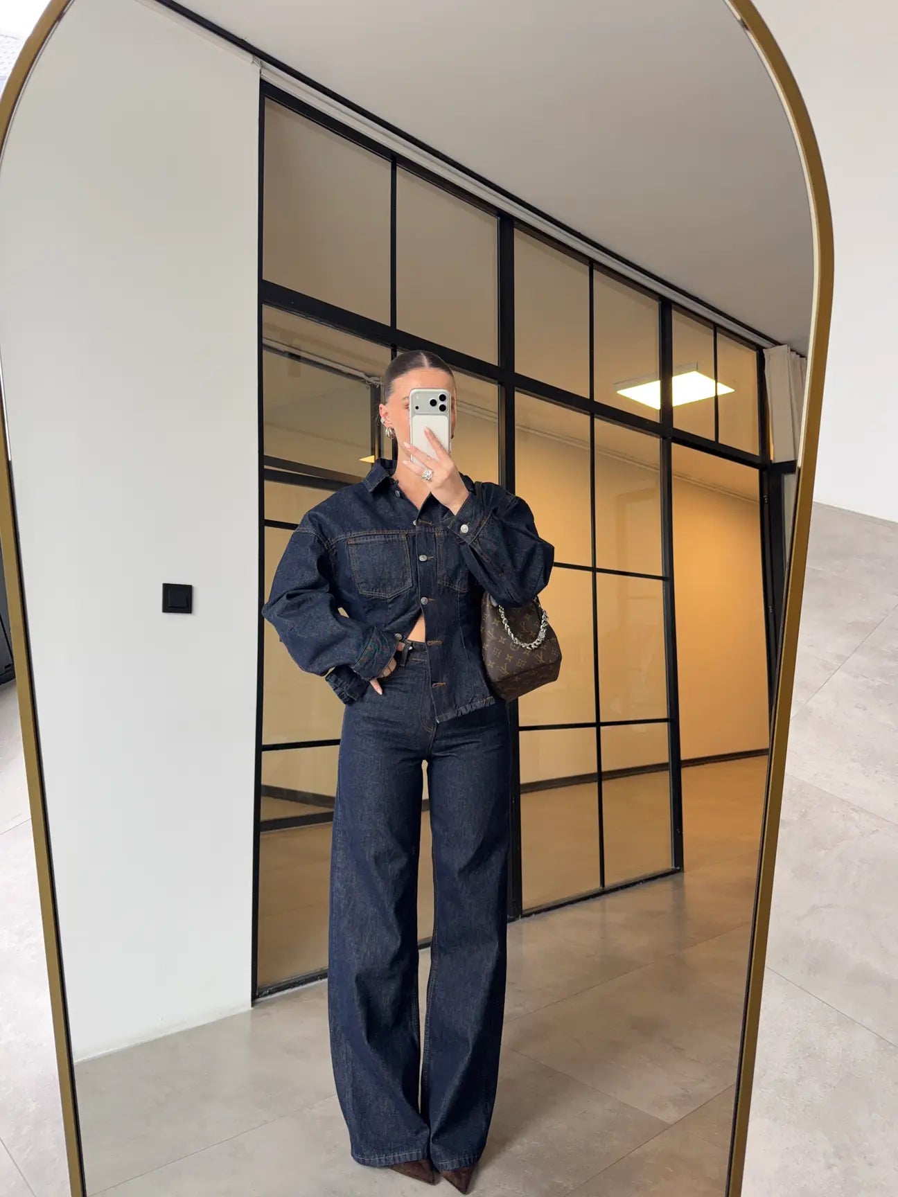 fitted pleated denim jacket with straight-leg trouser co-ord set