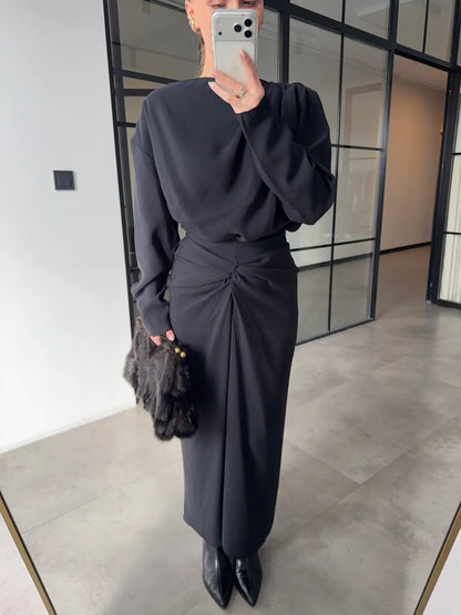 ASYMMETRICAL BLOUSE AND RUFFLED SKIRT SET