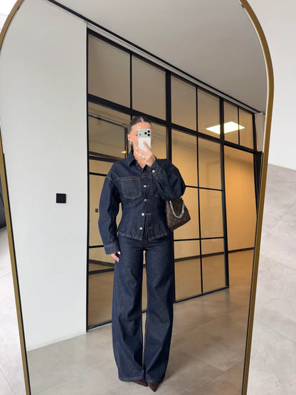 fitted pleated denim jacket with straight-leg trouser co-ord set