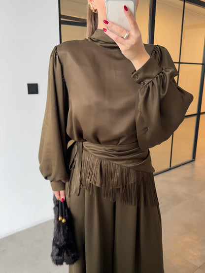 TIE-UP SATIN BLOUSE AND BELT-STYLE HARLING PANTS SET