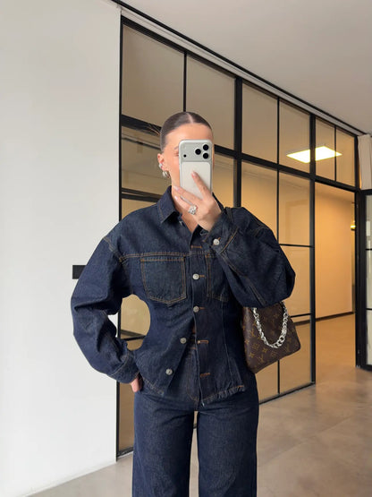 fitted pleated denim jacket with straight-leg trouser co-ord set