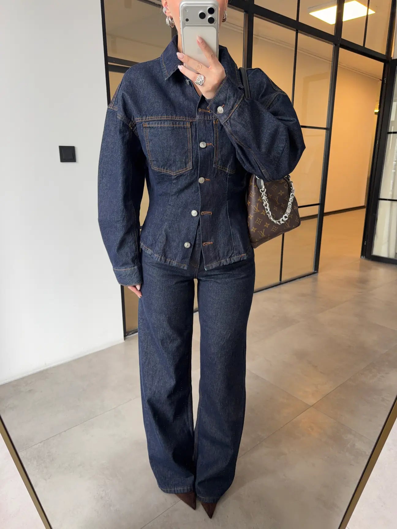 fitted pleated denim jacket with straight-leg trouser co-ord set