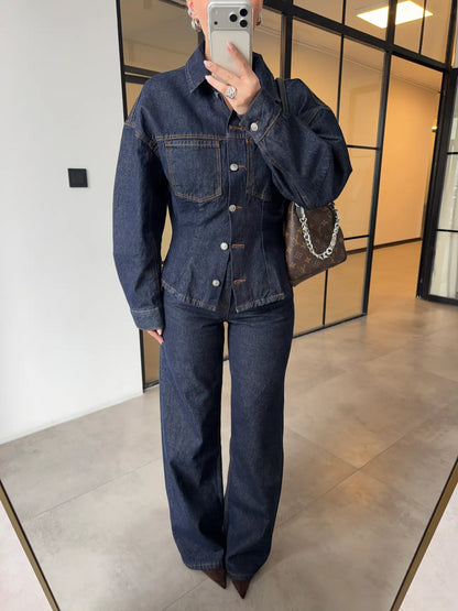 fitted pleated denim jacket with straight-leg trouser co-ord set